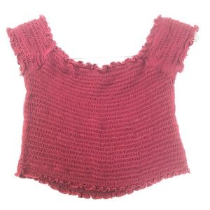 Ruched maroon off shoulder crop top
